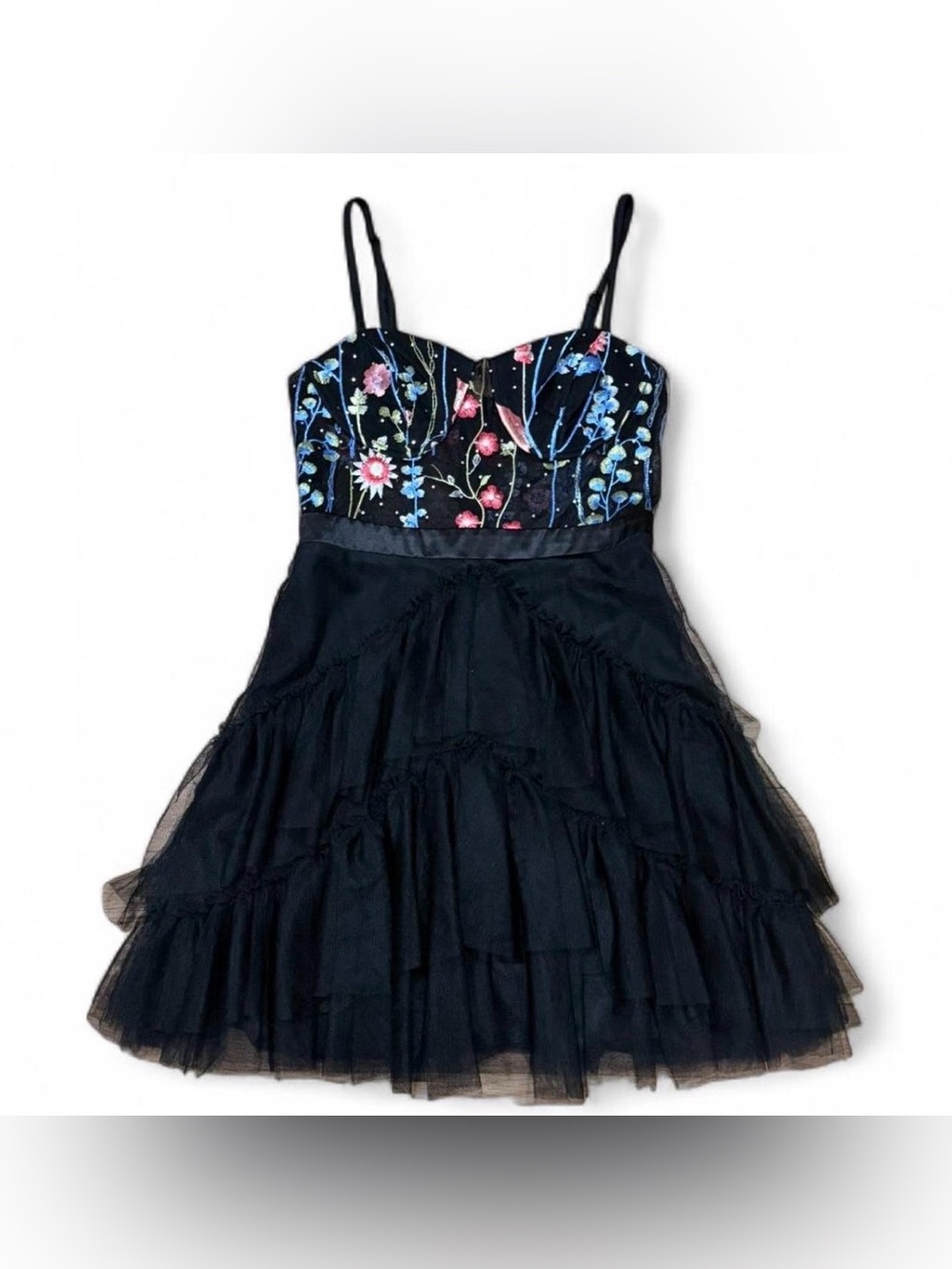 City Studios Black Dress with Blue and Pink Floral Embroidered Bodice